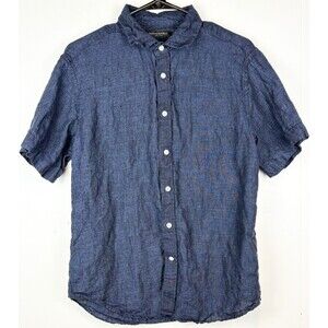 Banana Republic 100% Linen Shirt Men's Medium Slim Fit Navy Blue Short Sleeve